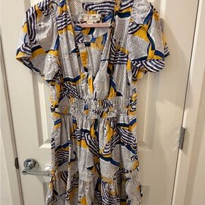 Anthropologie Yellow, Navy & White Abstract Printed Dress